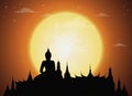 Temple Thailand Landmarks and Silhouette, full moon