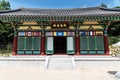 Temple with UN flag at the entrance at the Korean Demilitarized Zone at the JSA visitor center, Panmunjom South Korea Royalty Free Stock Photo