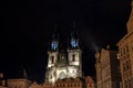 Temple of the Virgin Mary in front of Tyn on Old Town Square in Prague at night, Czech Republic Royalty Free Stock Photo