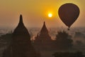 Temples of Bagan with hot air balloon. Myanmar.