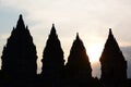 Temples silhouettes at sunset. Prambanan. Yogyakarta region. Java. Indonesia