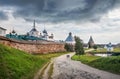 Temples and towers of the Solovetsky Monastery and the road