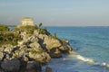 Templo del Dios del Viento Mayan ruins of Ruinas de Tulum (Tulum Ruins) in Quintana Roo, Mexico. The turquoise waters of the Carib Royalty Free Stock Photo