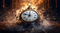 Fiery Descent of Time: Shattered Clock Amidst Flames, Running Out of Time Concept. Generative AI