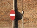 Temporaly traffic sign on a wooden stick strapped on a pole befo Royalty Free Stock Photo