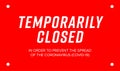 Temporarily closed sign of coronavirus news. Royalty Free Stock Photo