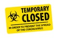 Temporary closed grunge rubber rectangle stamp with bacteriological danger sign. In order to prevent the spread of the coronaviru