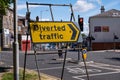 Temporary diverted traffic sign at traffic lights Upton Wirral May 2020