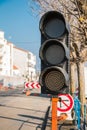 Temporary green traffic light roadworks