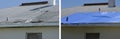 Before and after temporary repair on a badly storm damaged roof on a house with a big leaky hole in the rooftop Royalty Free Stock Photo