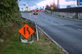 Temporary road sign indication road narrowing from right, Dublin, Ireland