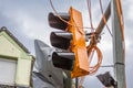 Temporary traffic lights destroyed by the storm Friederike at the street crossing Schonnebeckhoefe, Hallo street and Royalty Free Stock Photo