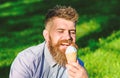 Temptation concept. Bearded man with ice cream cone. Man with beard and mustache on happy face enjoy ice cream, grass on