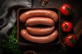 A tempting array of fresh sausages served in a mouth-watering top-down presentation is a culinary extravaganza for meat lovers Royalty Free Stock Photo