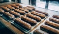 Delicious Chocolate Eclairs in a Bakery Display Case Royalty Free Stock Photo