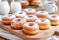 Freshly Baked Sugared Donuts Served on Wooden Board With Milk