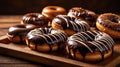 Delicious Assortment of Chocolate Glazed Donuts on a Rustic Wooden Serving Board Royalty Free Stock Photo
