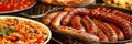 Tempting barbecue feast with golden sausages on a clean table, resembling a vivid photograph.