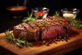 Tempting barbecue grilled beef steak on a wooden cutting board