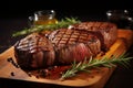 Tempting barbecue grilled beef steak on a wooden cutting board