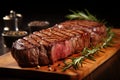 Tempting barbecue grilled beef steak on a wooden cutting board