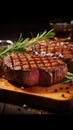 Tempting barbecue grilled beef steak on a wooden cutting board