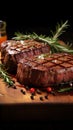 Tempting barbecue grilled beef steak on a wooden cutting board