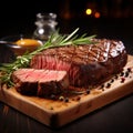 Tempting barbecue grilled beef steak on a wooden cutting board