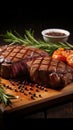 Tempting barbecue grilled beef steak on a wooden cutting board