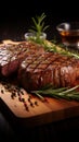 Tempting barbecue grilled beef steak on a wooden cutting board