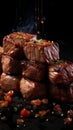 Tempting BBQ meat pieces held by fork, rich flavors showcased against black backdrop