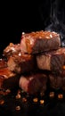 Tempting BBQ meat pieces held by fork, rich flavors showcased against black backdrop