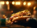 Tempting Brazilian hot dog with savory sausage, condiments, and spices. Royalty Free Stock Photo