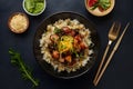 Tempting Bulgogi rice bowl presented elegantly in professional advertising