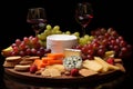 Tempting Cheese Selection with Fresh Grapes, Assorted Nuts, and Classy Red Wine Pairing Royalty Free Stock Photo