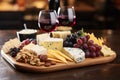 Tempting Cheese Selection with Fresh Grapes, Assorted Nuts, and Classy Red Wine Pairing
