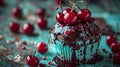 Tempting Chocolate Cupcake with Cherries and Chocolate Drizzle on Turquoise