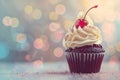 Tempting Chocolate Cupcake with Vanilla Whipped Cream and Cherry Royalty Free Stock Photo