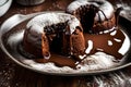 A tempting close-up of a decadent chocolate lava cake, oozing with gooey, molten chocolate from the center