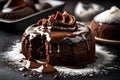 A tempting close-up of a decadent chocolate lava cake, oozing with gooey, molten chocolate from the center