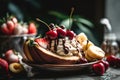 A tempting, close-up shot of a vegan featuring dairy-free ice cream, fresh fruit, and natural sweeteners. Highlights the dessert