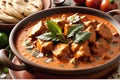 A Tempting Close-Up of Sizzling Butter Chicken: Marinated Pieces Glistening with Herbs and Spices in a Rich Creamy Sauce