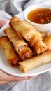 Crispy Fried Spring Rolls with Sweet Chili Dipping Sauce on Plate Royalty Free Stock Photo
