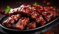 Tempting close up of succulent roasted barbecue pork ribs, expertly sliced and bursting with flavor