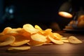 Tempting closeup shot features a stack of crunchy potato chips