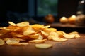 Tempting closeup shot features a stack of crunchy potato chips