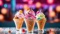 Tempting colorful ice cream in waffle cones and glass cups - Generative AI