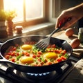 Tempting Crispy Eggs: Sizzling with Spring Onions and Tomatoes, Generative AI.