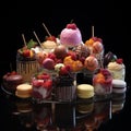 A tempting display of decadent desserts, assortment on black background