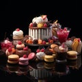 A tempting display of decadent desserts, assortment on black background